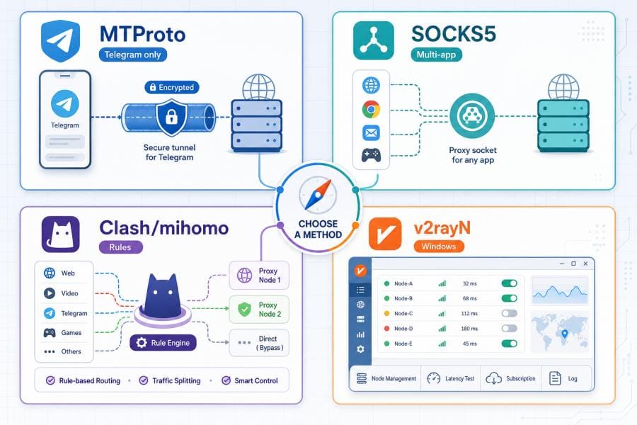 Clash 和 v2rayN 用于 Telegram 代理的选择对比