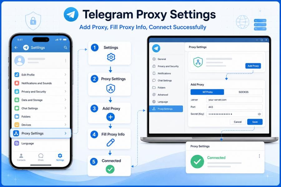 Telegram MTProto 和 SOCKS5 代理设置界面